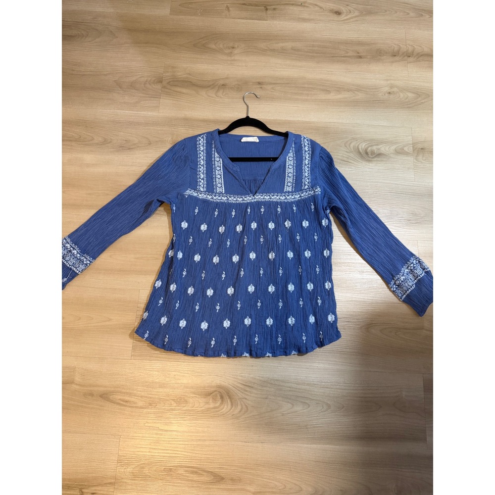 Lucky Brand Embroidered Peasant Top Blue L Womens Popover Boho Gauze Blouse - Picture 13 of 14